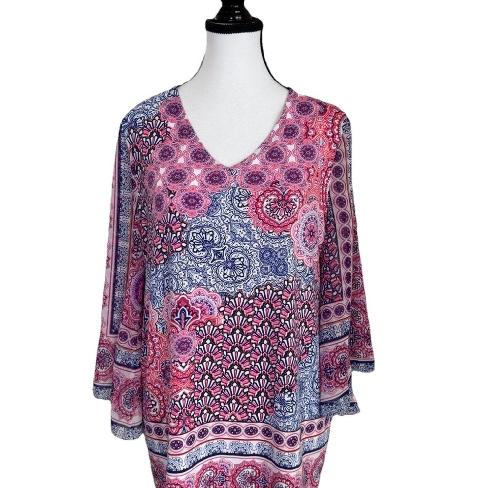 Chico's Tunic Blouse 3/4 Bell Sheer Sleeves Pink Blue Size 1 (medium) Lagenlook